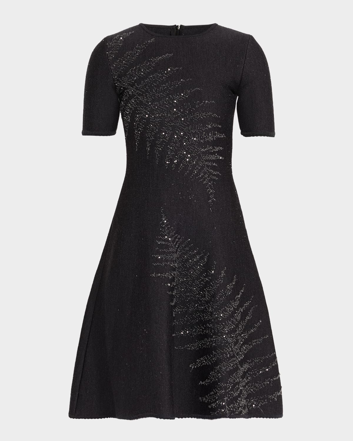 Oscar De La Renta Paillette Fern Short-sleeve Knit Mini Dress In Black
