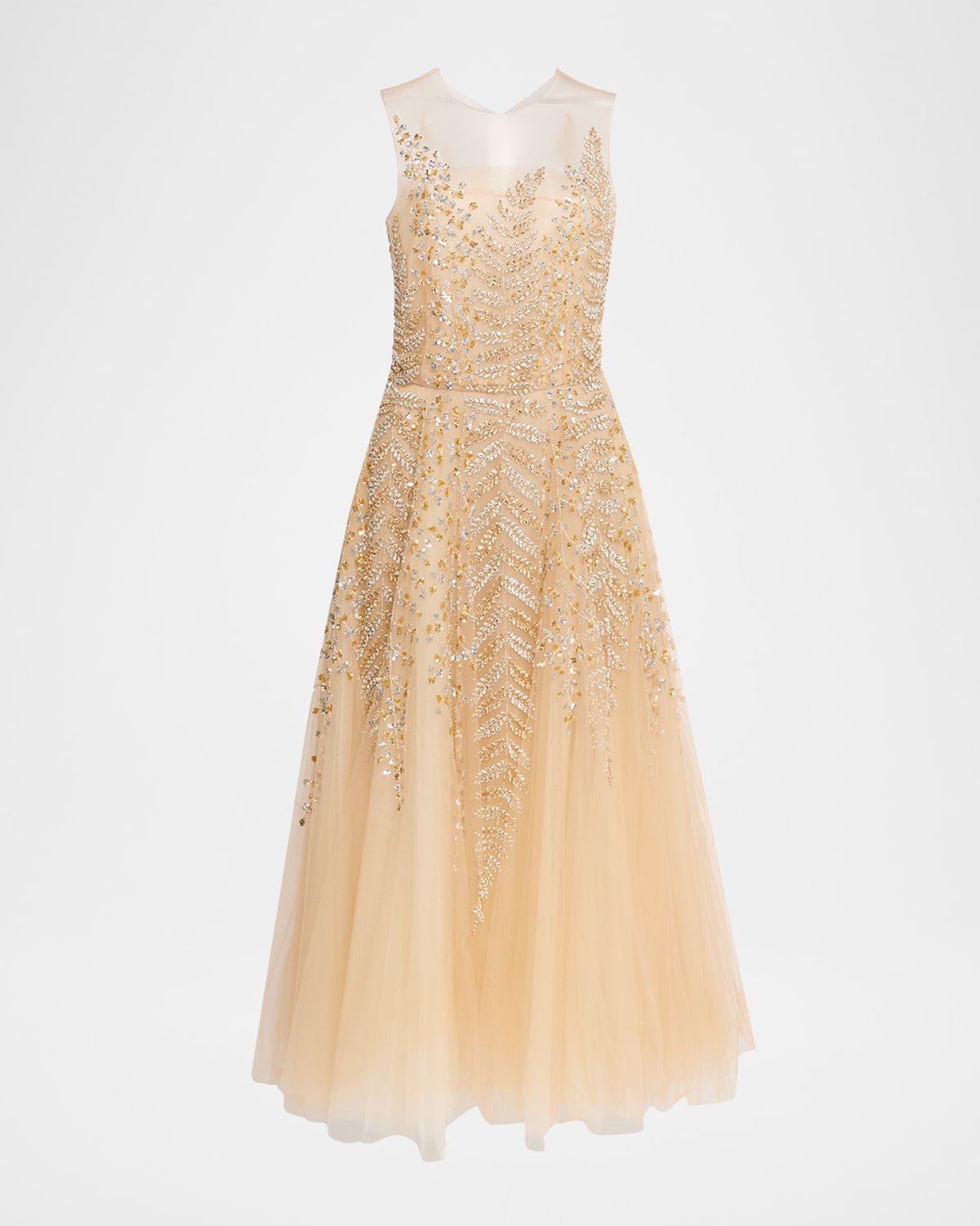 Oscar De La Renta Fern Embroidered Sleeveless Midi Illusion Dress In Neutral
