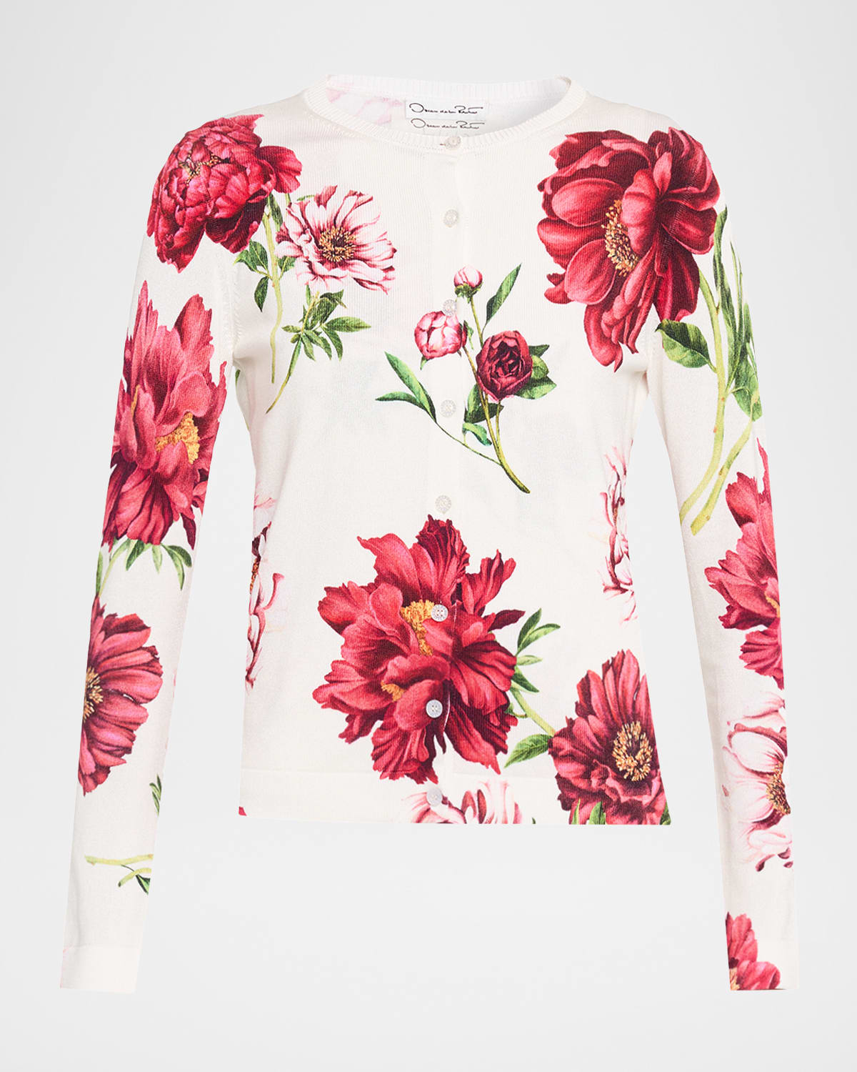Oscar De La Renta Peony Print Crewneck Twinset Cardigan In Blue