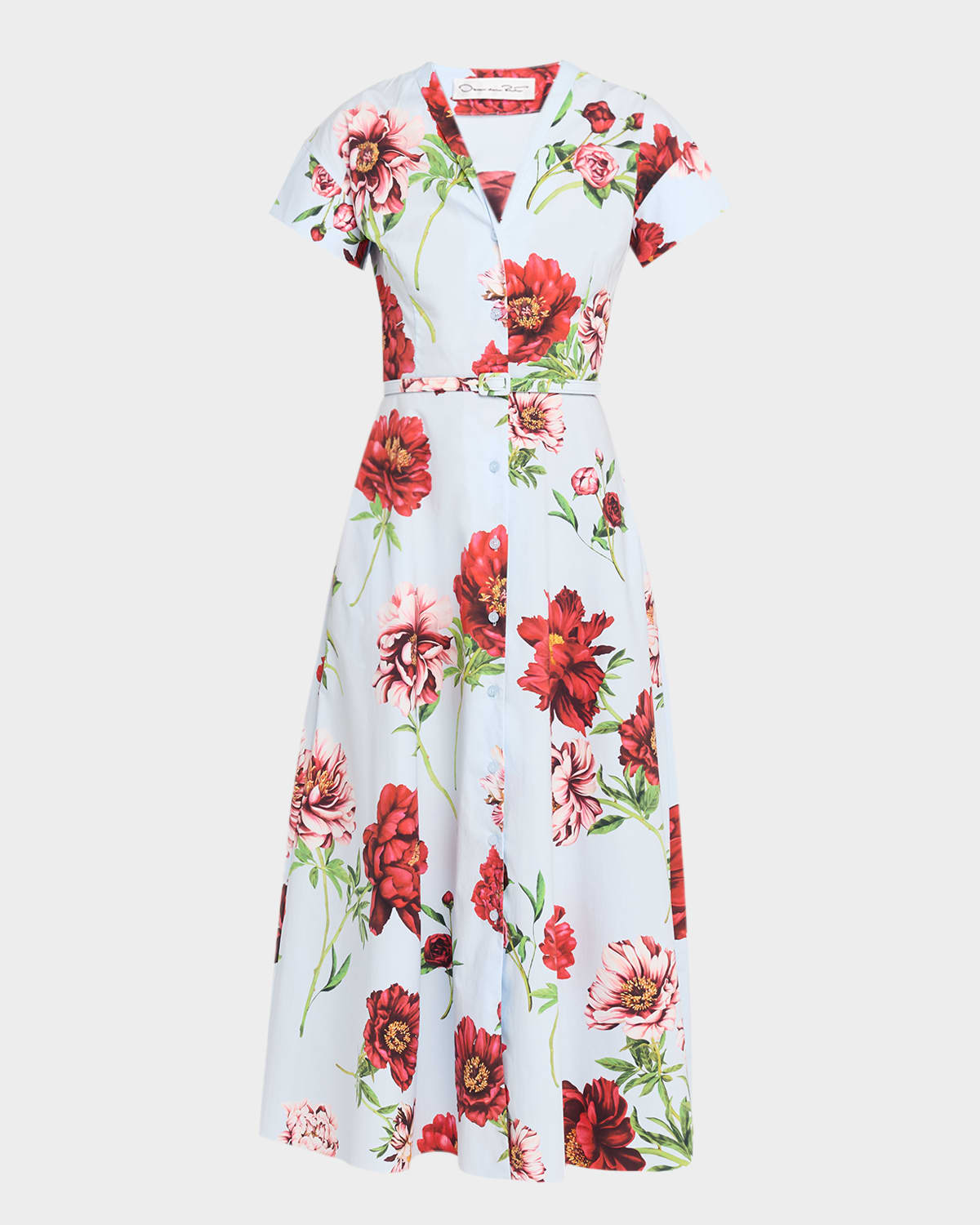 Short-Sleeve Peony-Printed Tea-Length Dress