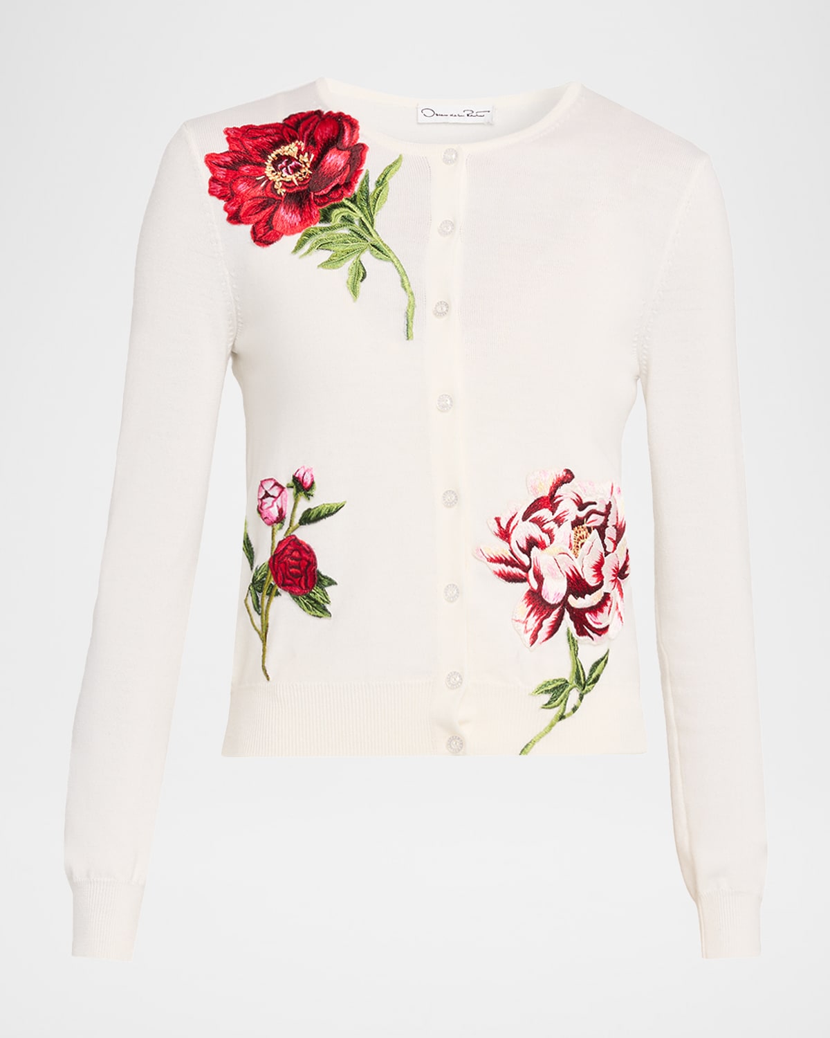 Oscar De La Renta Peony Embroidered Wool Cardigan In White