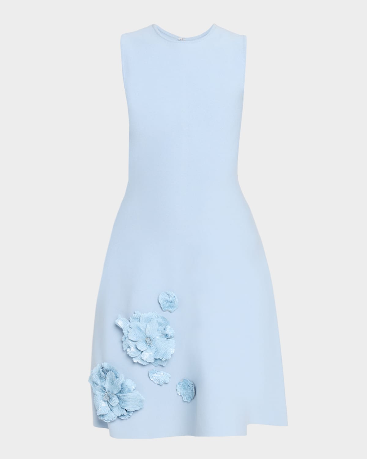 Oscar De La Renta Sequined Floral Applique Knit Dress In Blue