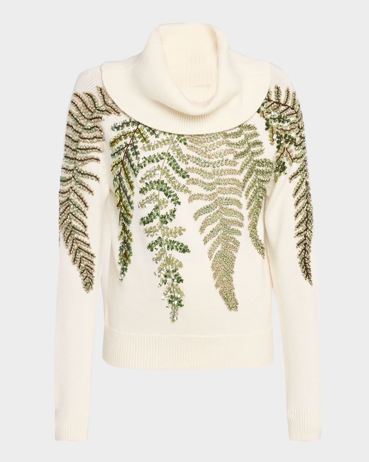 Oscar De La Renta Fern Crystal Embroidered Turtleneck Sweater In White