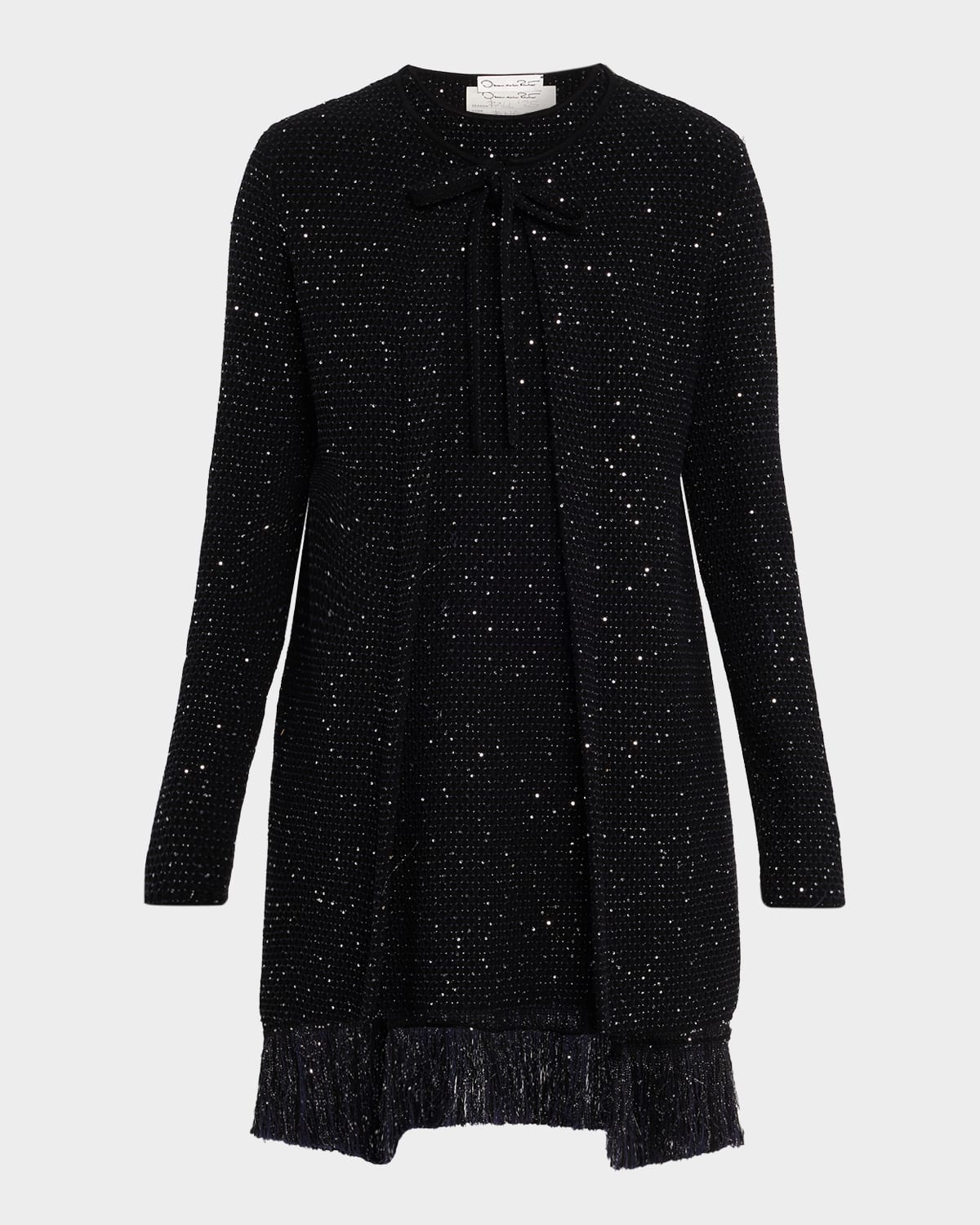 Oscar De La Renta Long Tweed Textured Jacket With Fringe Edges In Black