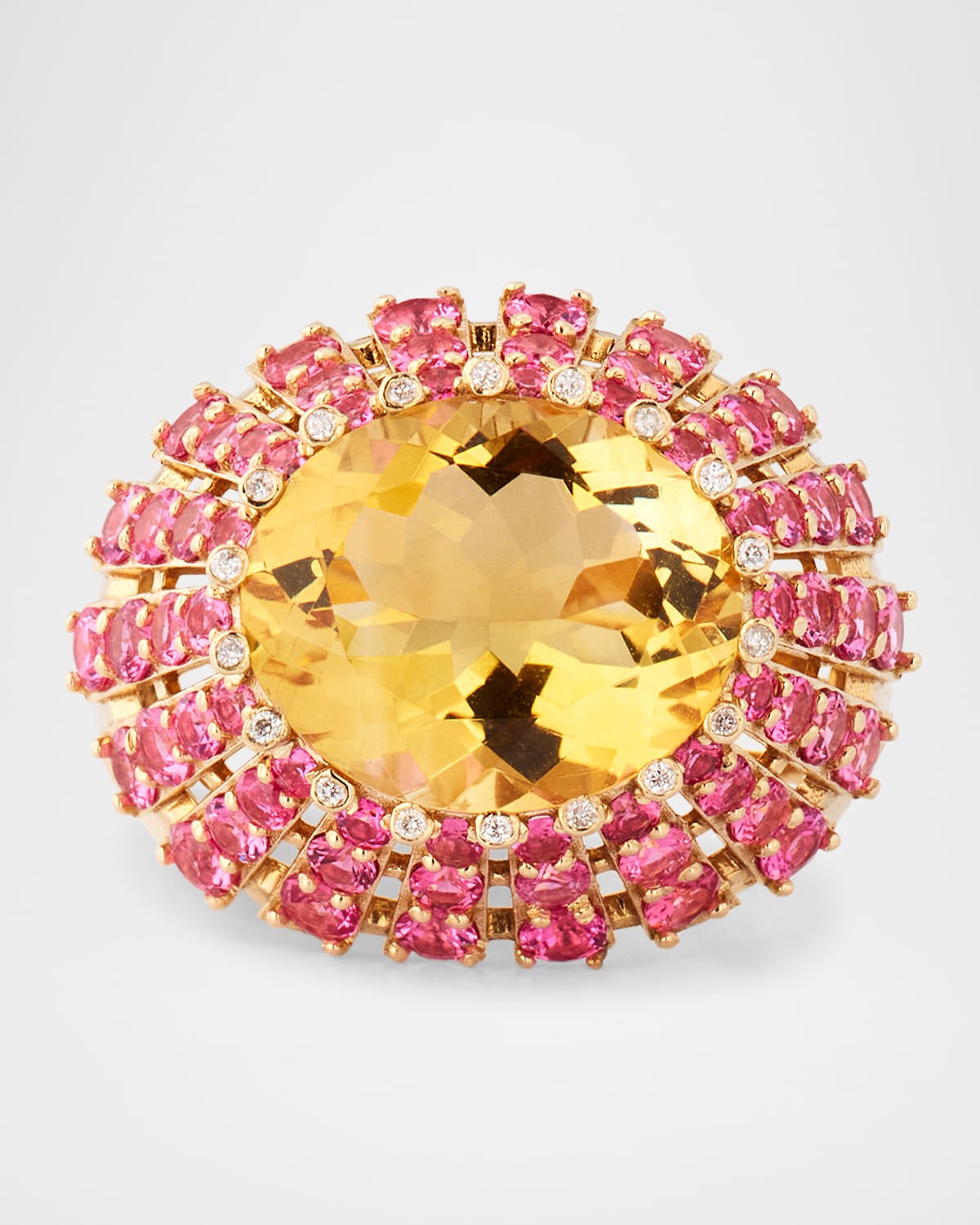 14K Yellow Gold Pink Spinel Raised Citrine Statement Ring with Diamonds