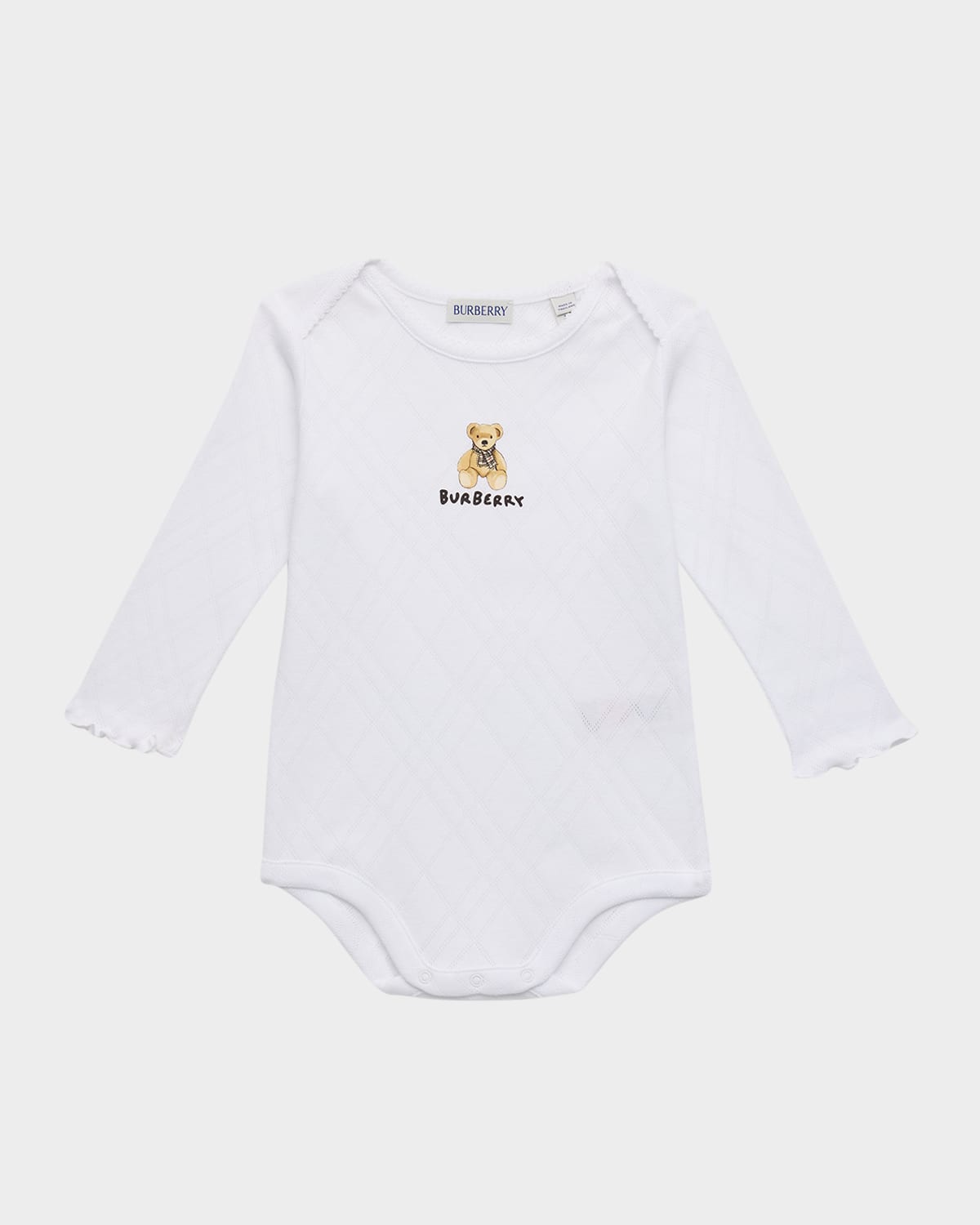 Burberry Kid's Annie Bear Pointelle Bodysuit With Lettuce Edges In White