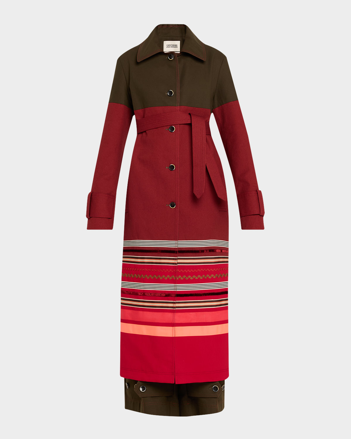 Christopher John Rogers Embroidered Stripe Belted Long Trench Coat