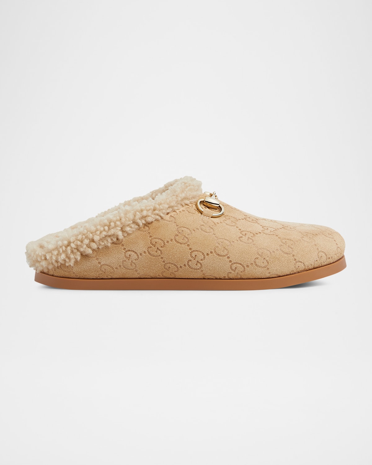 Gucci New Sol Suede Shearling Horsebit Mules In Neutral