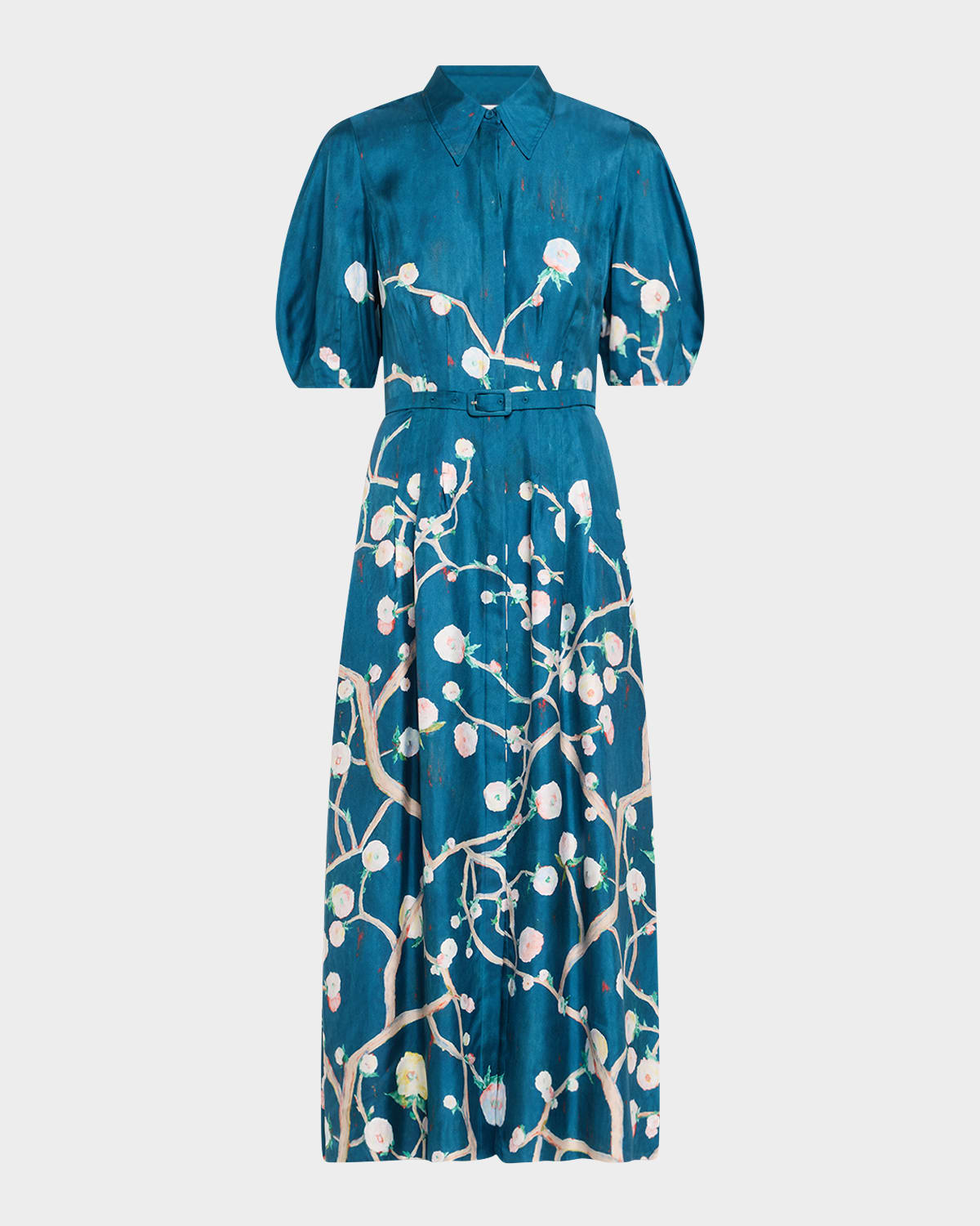 Gabriela Hearst Maude Floral Pleated Midi Shirtdress With Belt