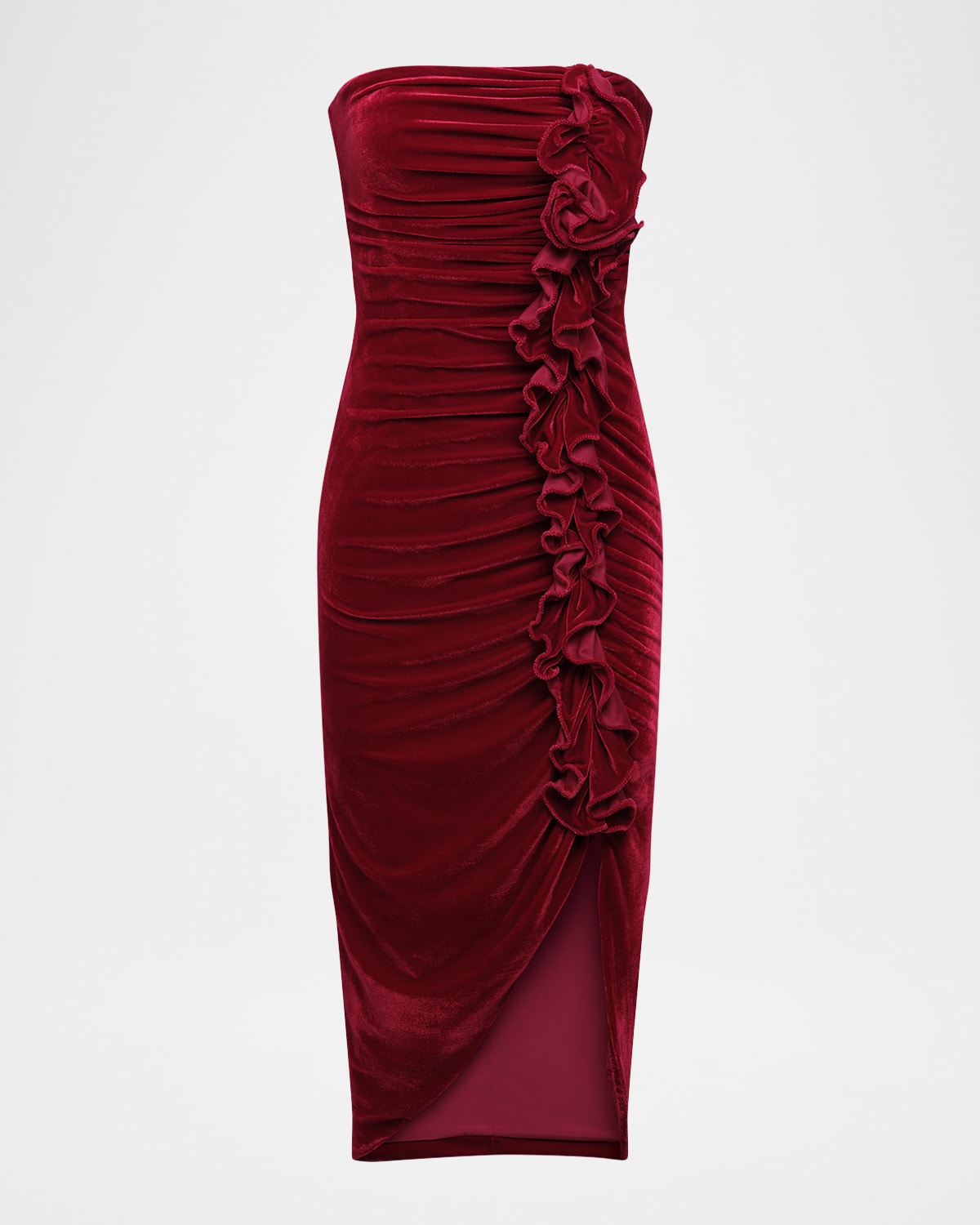 Bcbgmaxazria Strapless Velvet Ruffle Midi Dress