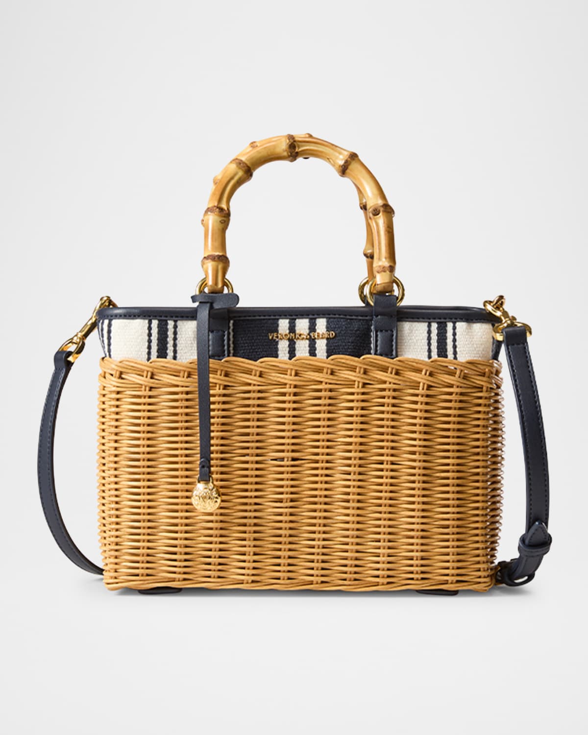 VERONICA BEARD WOVEN WICKER CROSSBODY BAG WITH STRIPED CANVAS 