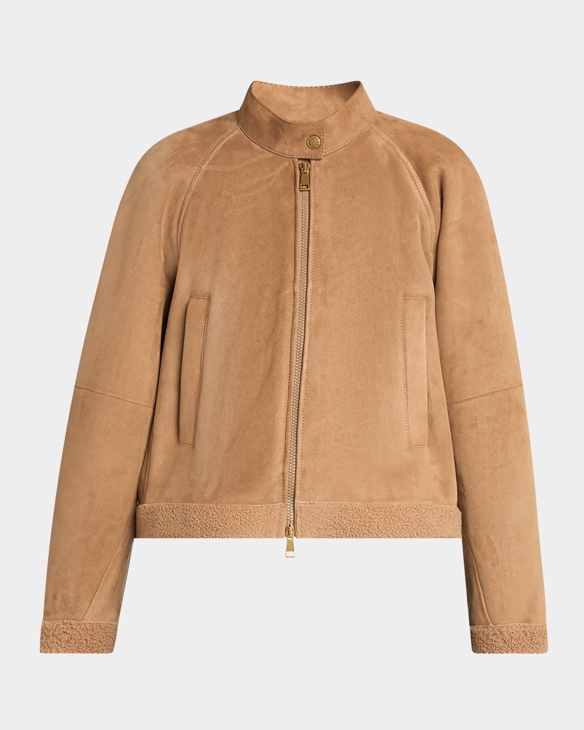 Moncler Vougeot Suede Short Down Combo Jacket With Teddy Trim In Brown