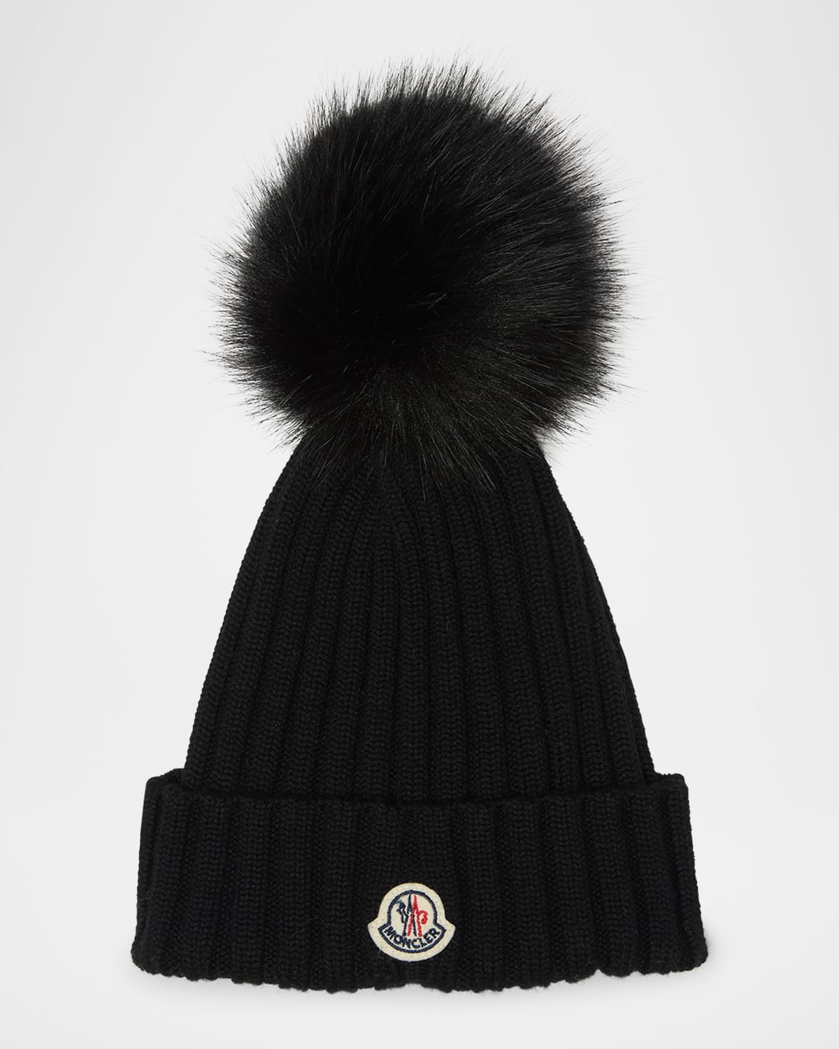 Moncler Wool Beanie With Faux Fur Pom In Black