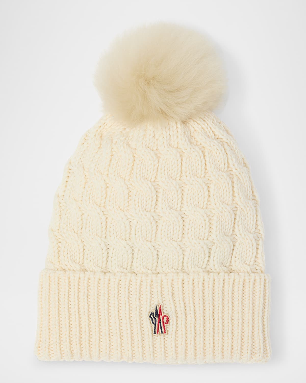 Moncler Cable-knit Beanie With Fur Pom In Neutral
