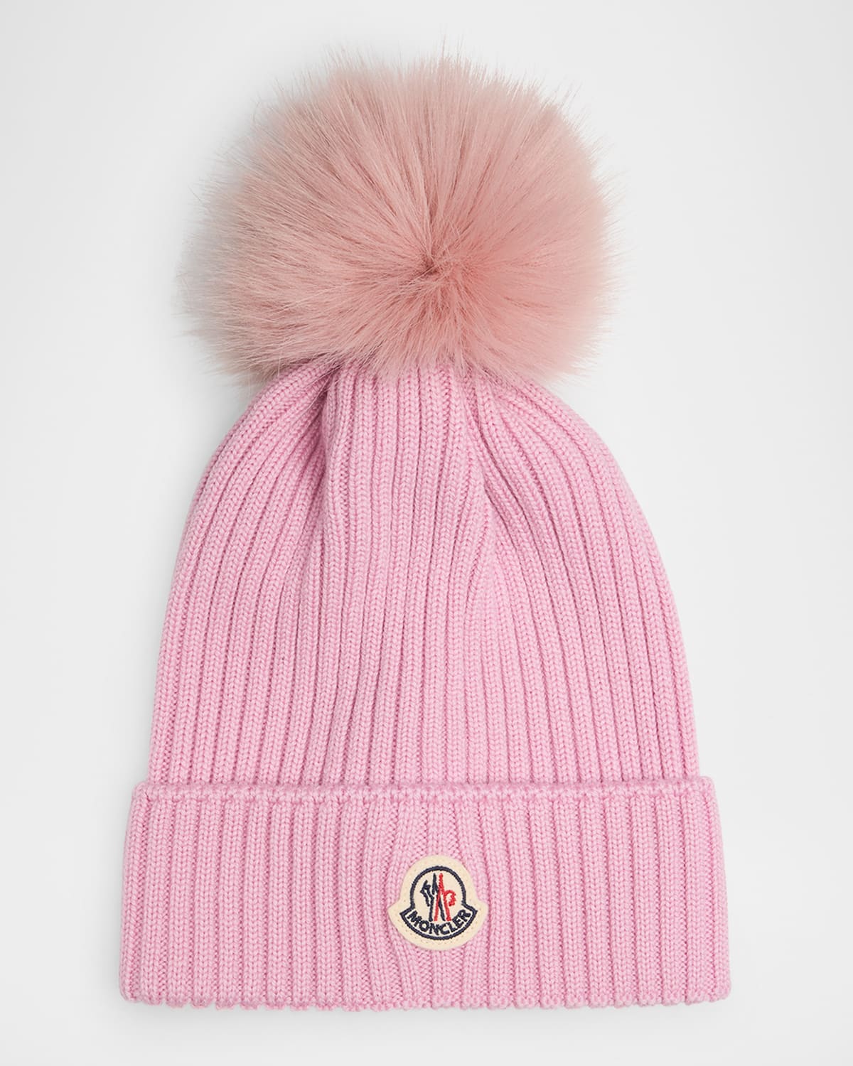 Moncler Girl's Ribbed Logo-patch Wool Beanie In Pink
