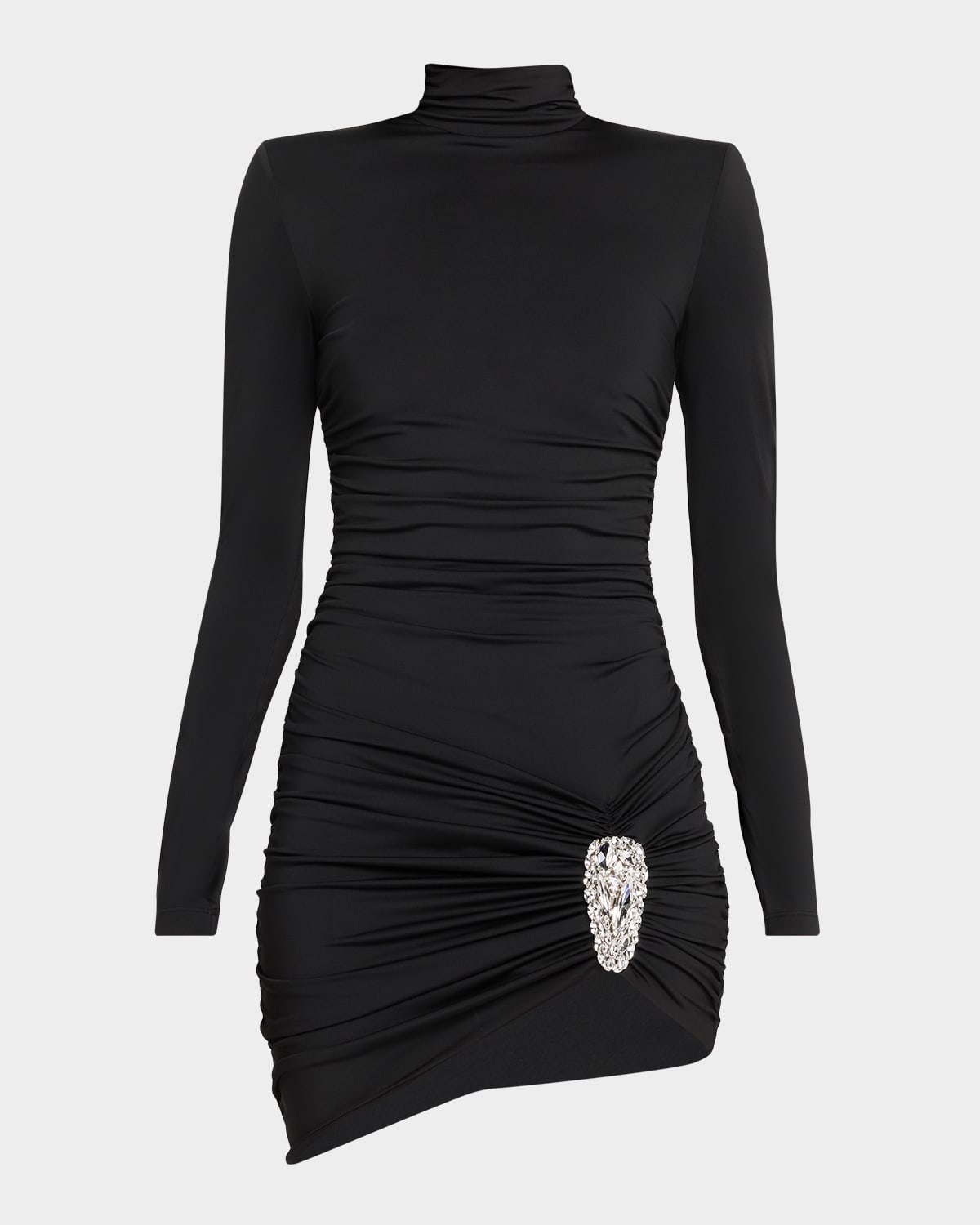Area Crystal Cluster Ruched Turtleneck Mini Dress In Black