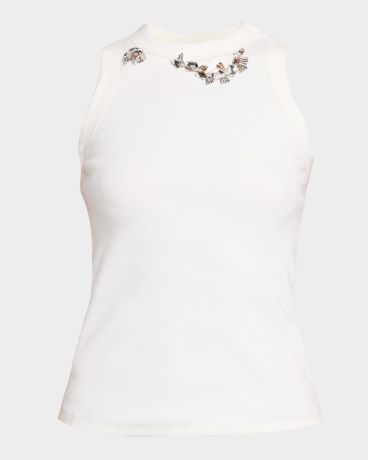 Area Distressed Crystal Ribbed Knit Tank Top In White
