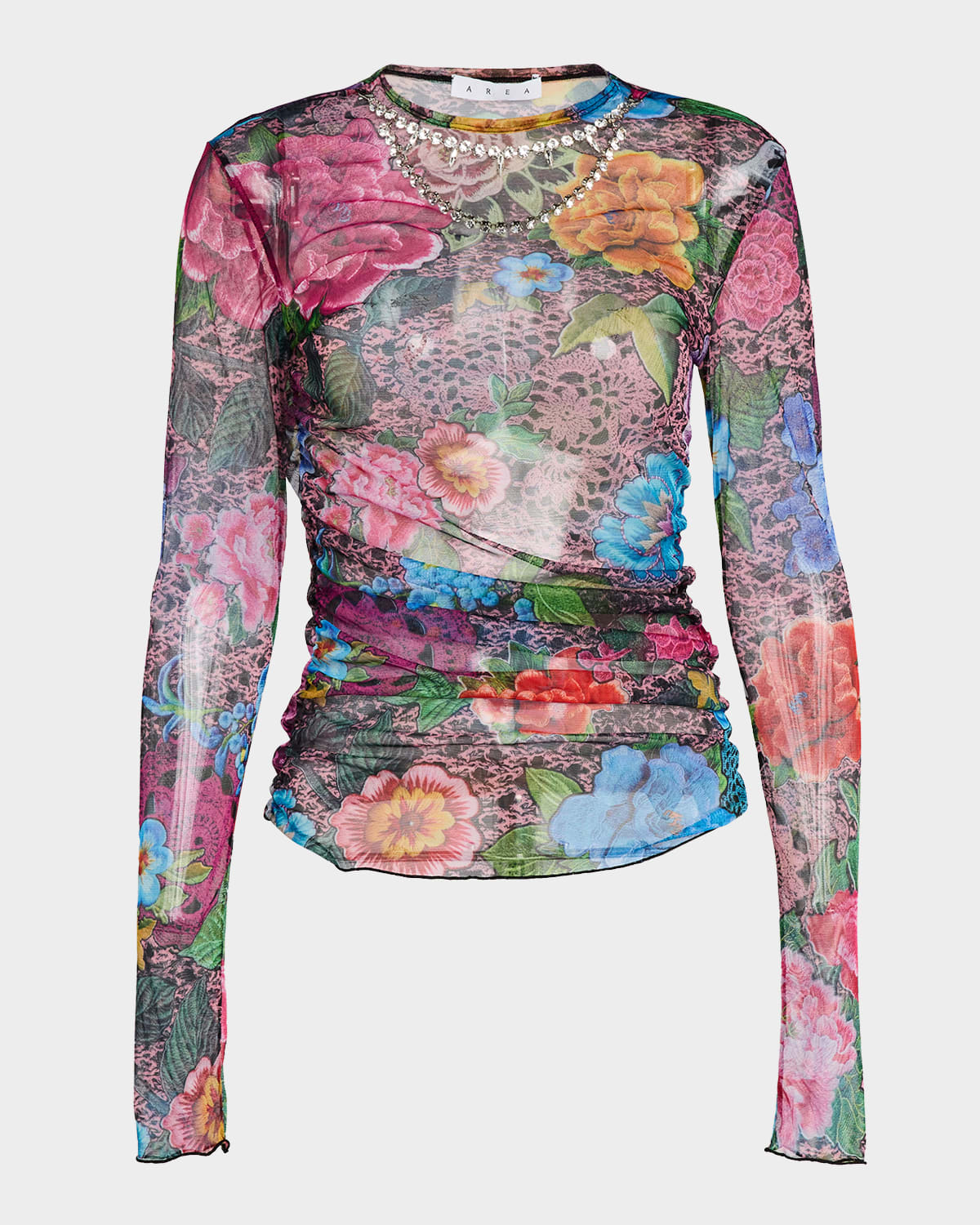 Area Crystal-necklace Printed Tulle Long-sleeve Top In Multi