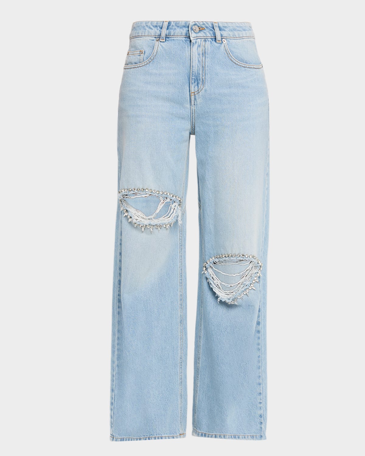 Area Distressed Crystal High Rise Relaxed Jeans In Medium Blue In Blue