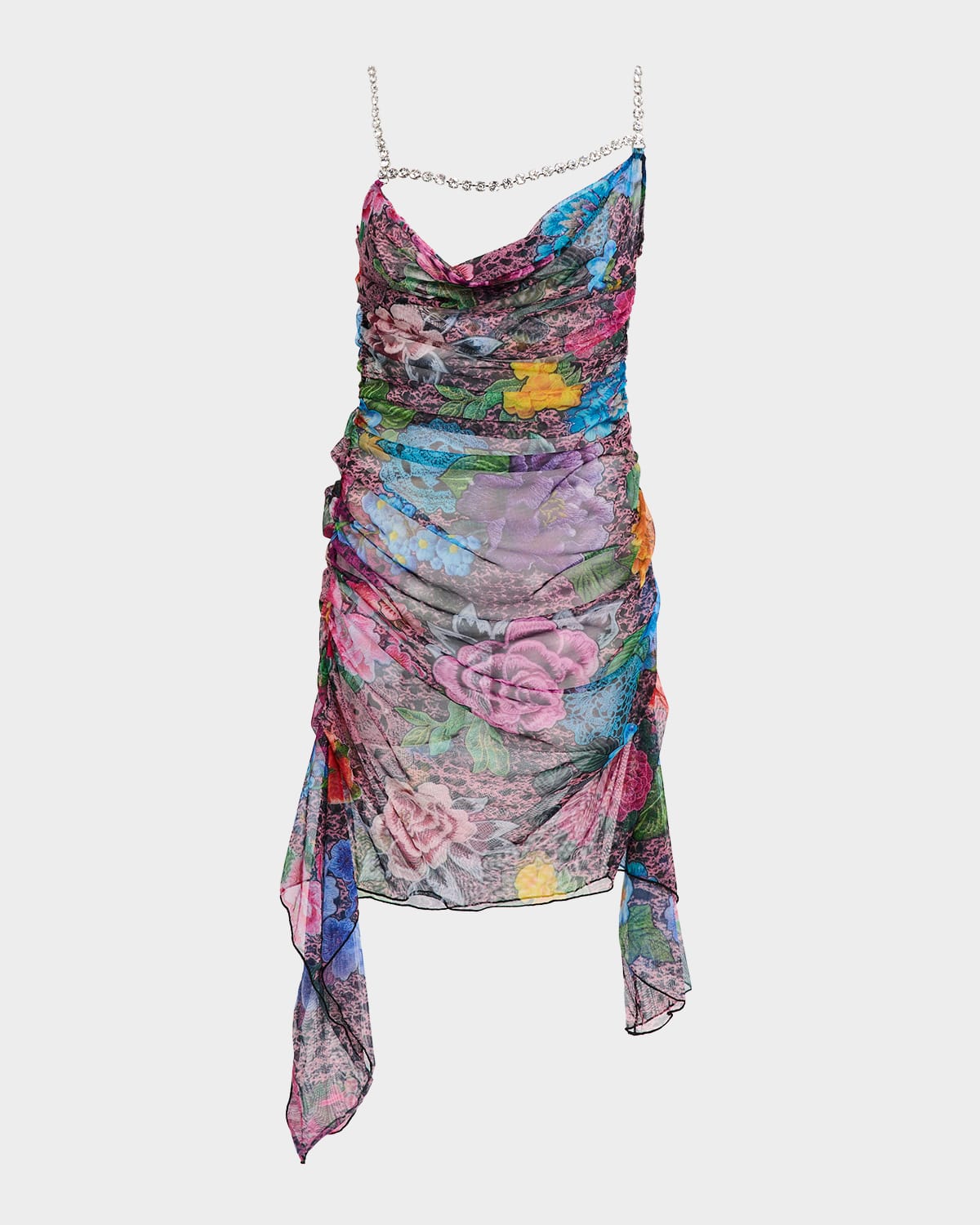 Area Crystal Strappy Ruched Tulle Mini Dress In Multi