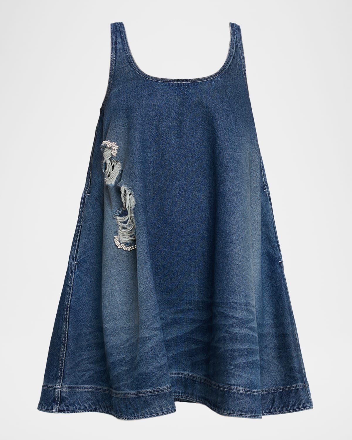 Simone Rocha Embellished Distressed Denim A-line Dress In Blue