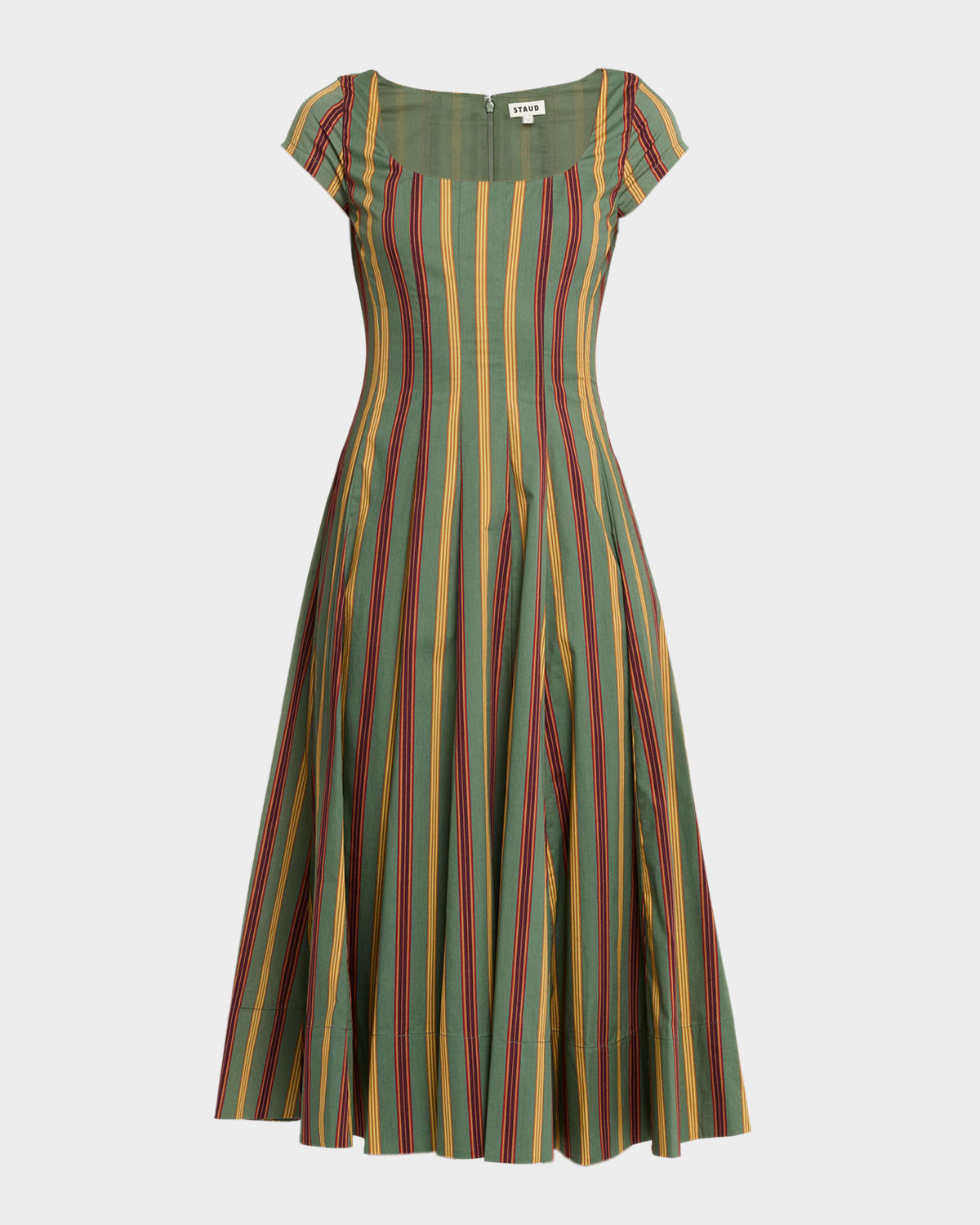 Staud Wells Striped Stretch-cotton Square-neck Midi Dress In Green