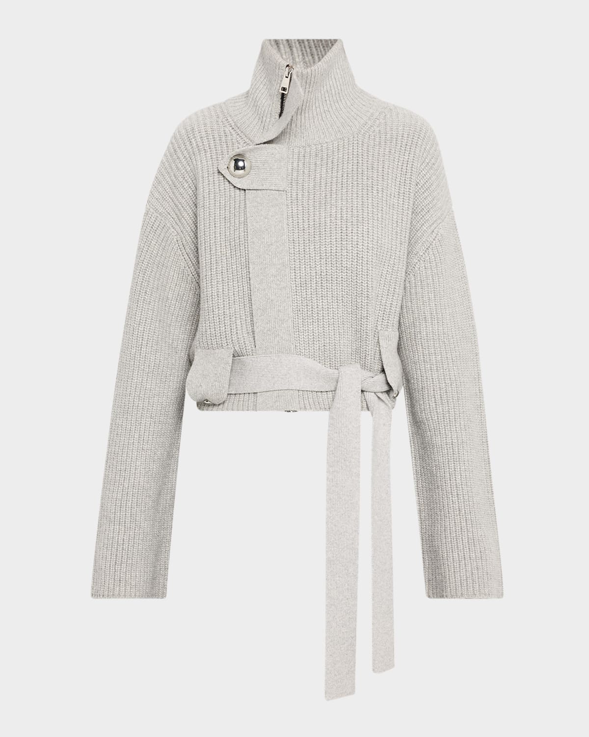 Brandon Maxwell Neal Zip-front Cashmere Sweater With Tie Belt In Multi