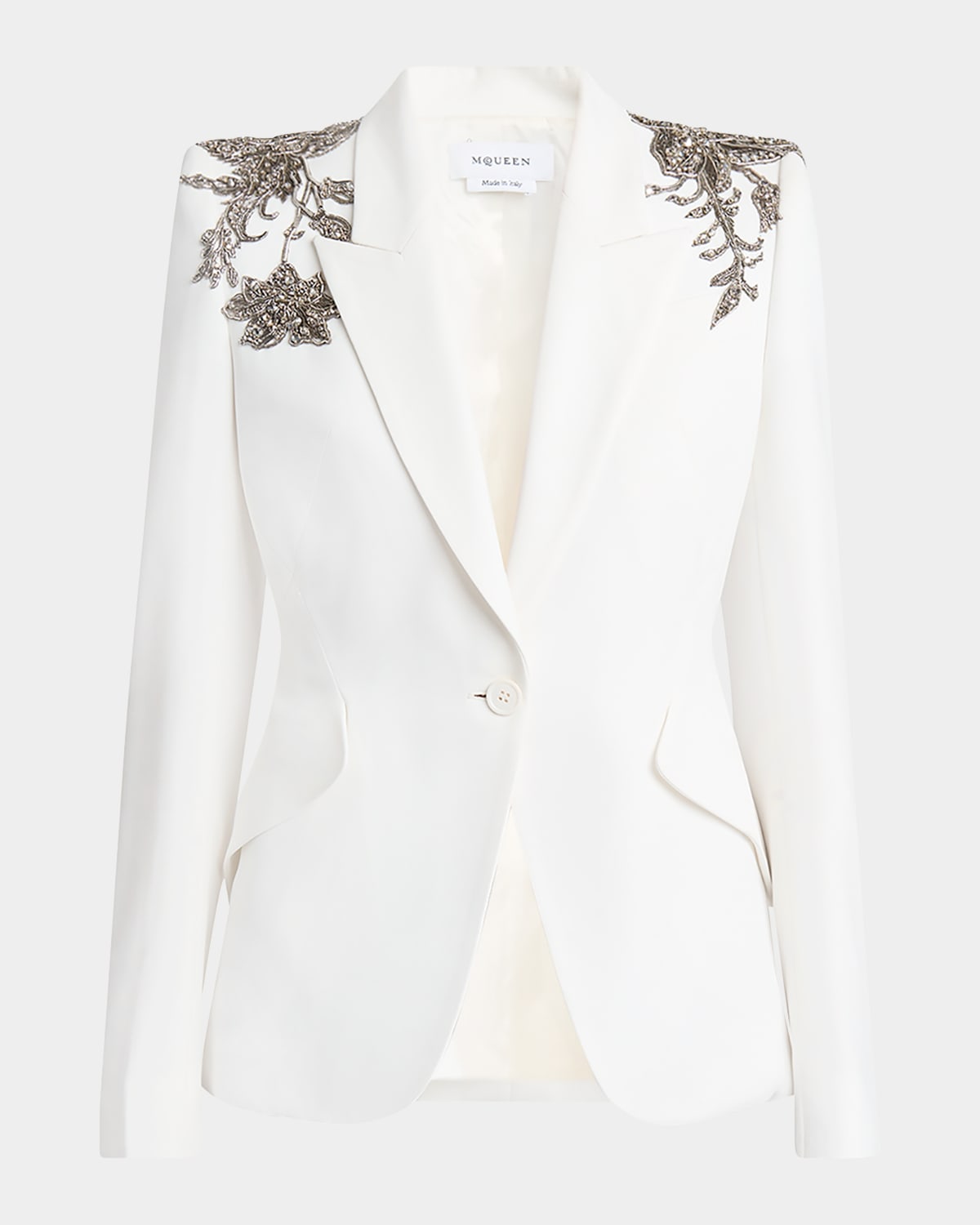 Alexander Mcqueen Crystal Embellished Shoulder Single-breasted Blazer In White