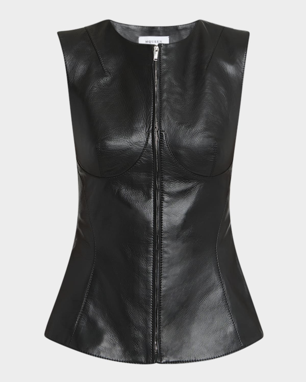 Sleeveless Zip-Up Seamed Leather Top