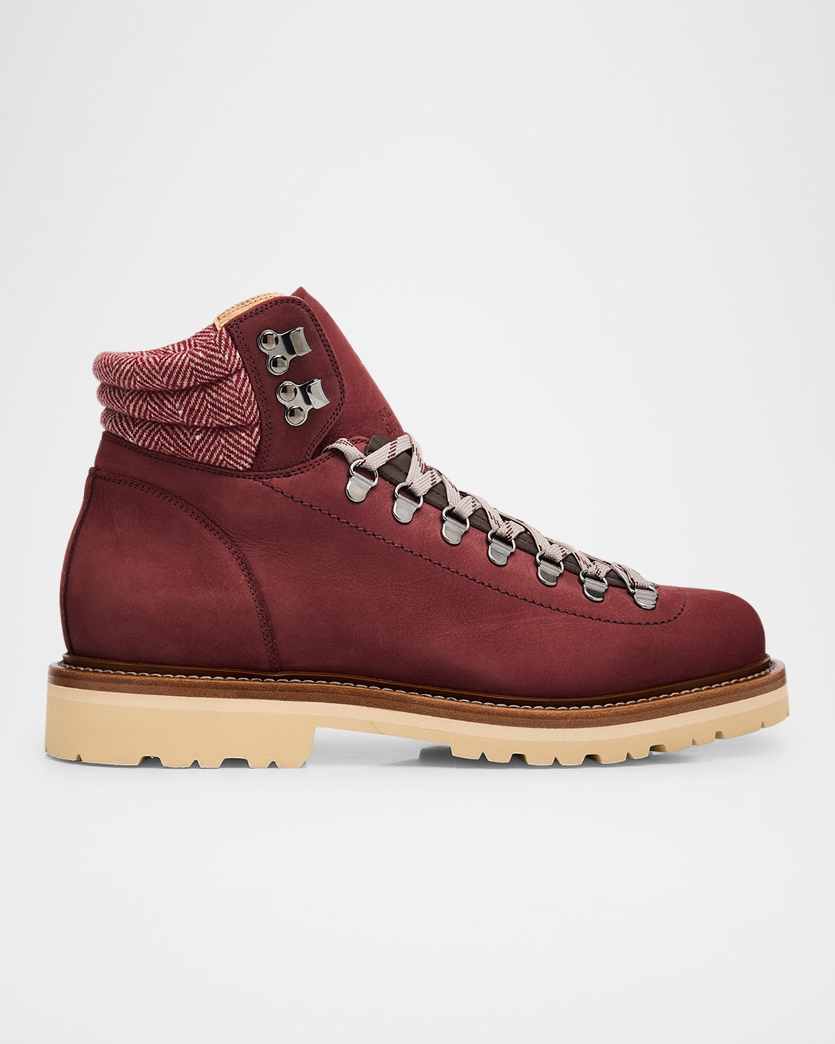 Brunello Cucinelli Men's Nubuck Fabric-collar Hiking Boots In Burgundy
