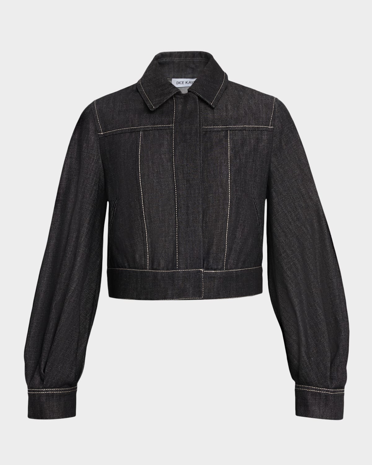 Dice Kayek Blouson-sleeve Crop Denim Jacket In Black