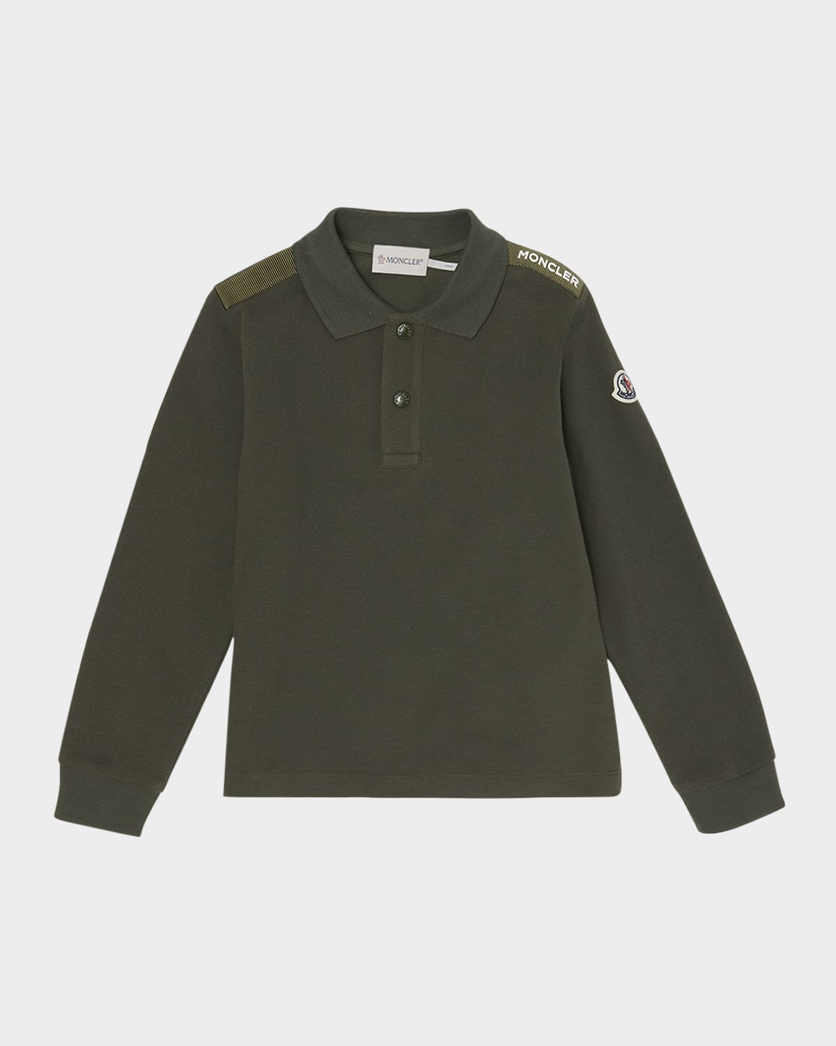 Moncler Boy's Logo Tape Long-sleeve Polo Shirt In Green