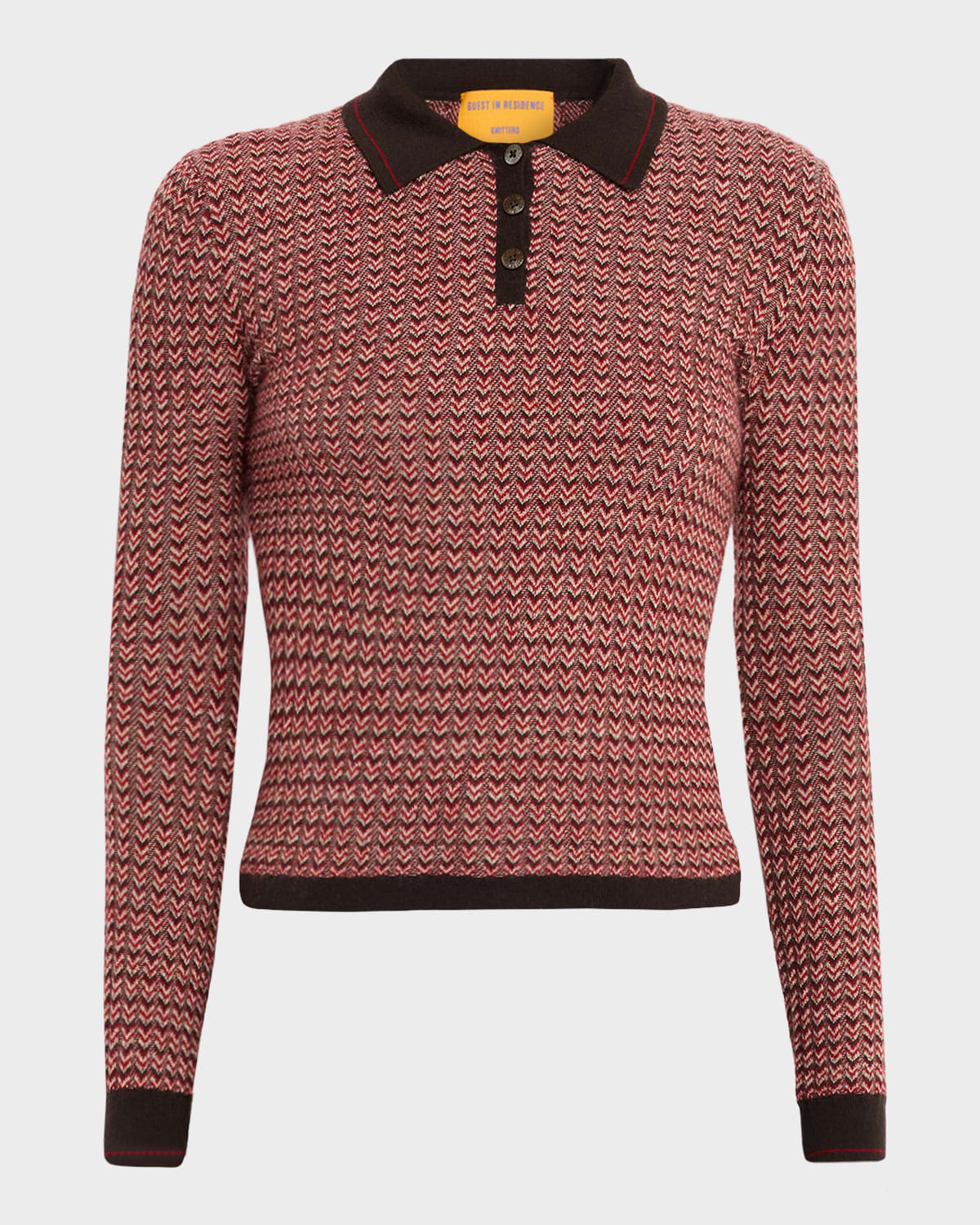 Guest In Residence Chevron Pattern Cashmere Polo Sweater With Classic Collar In Pink