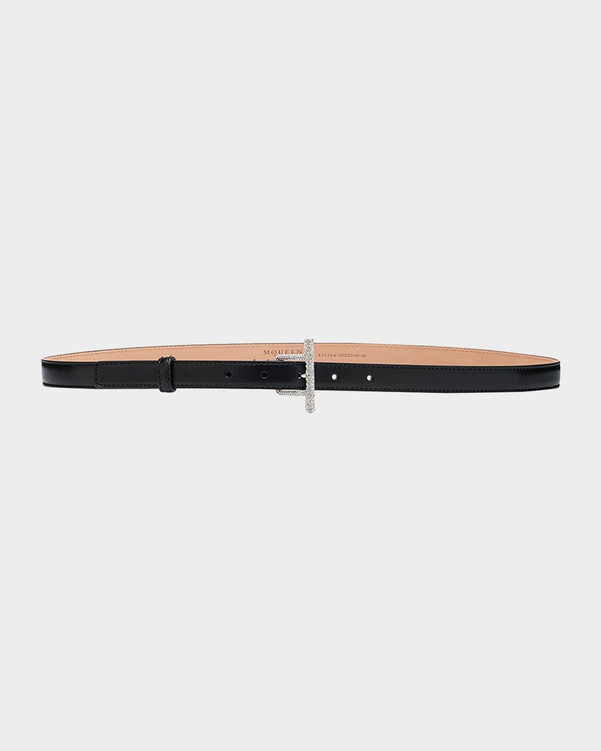 Alexander Mcqueen Crystal T-bar Leather Skinny Belt In Black