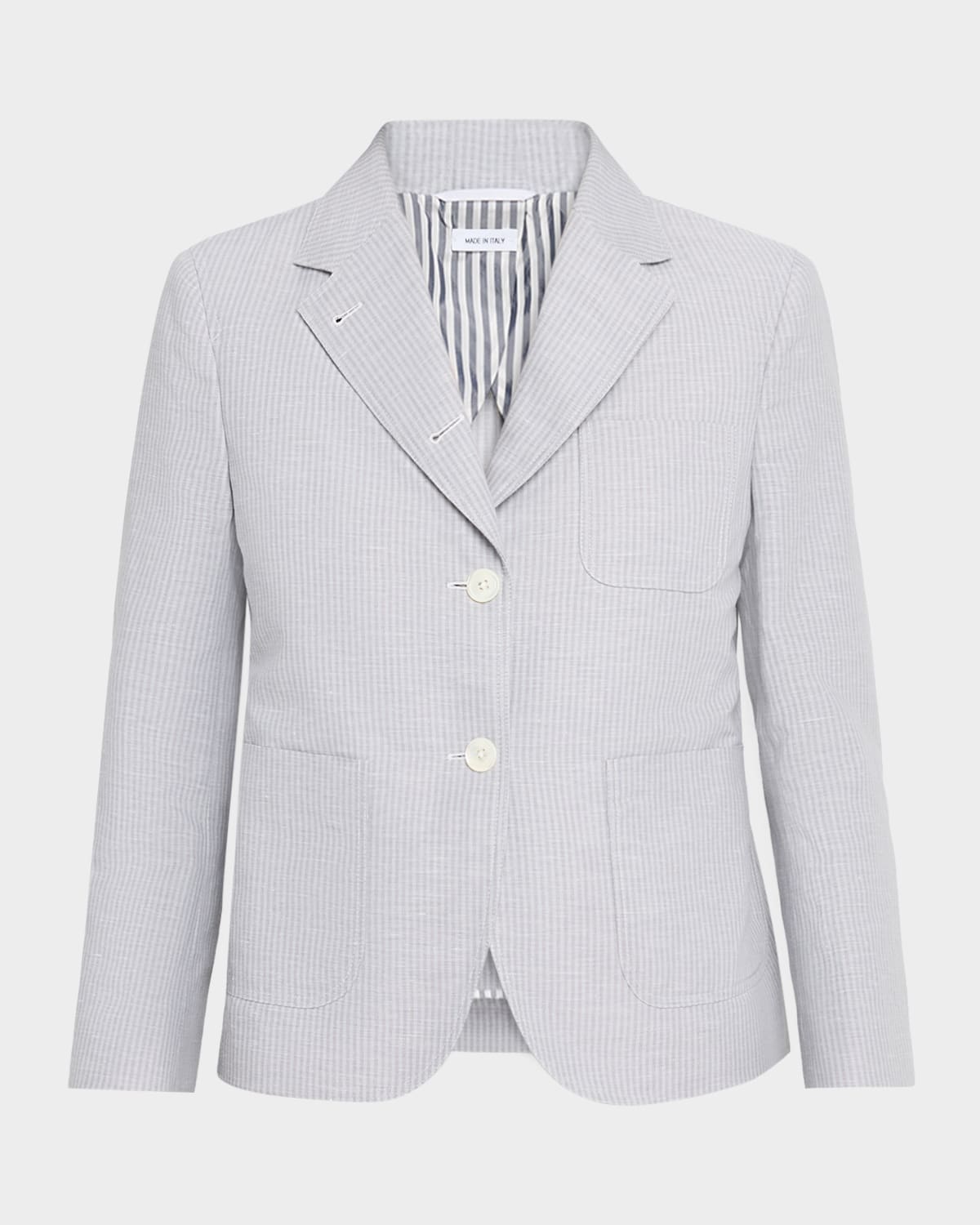 Thom Browne Striped Linen-cotton Single-breasted Crop Sportcoat In Gray