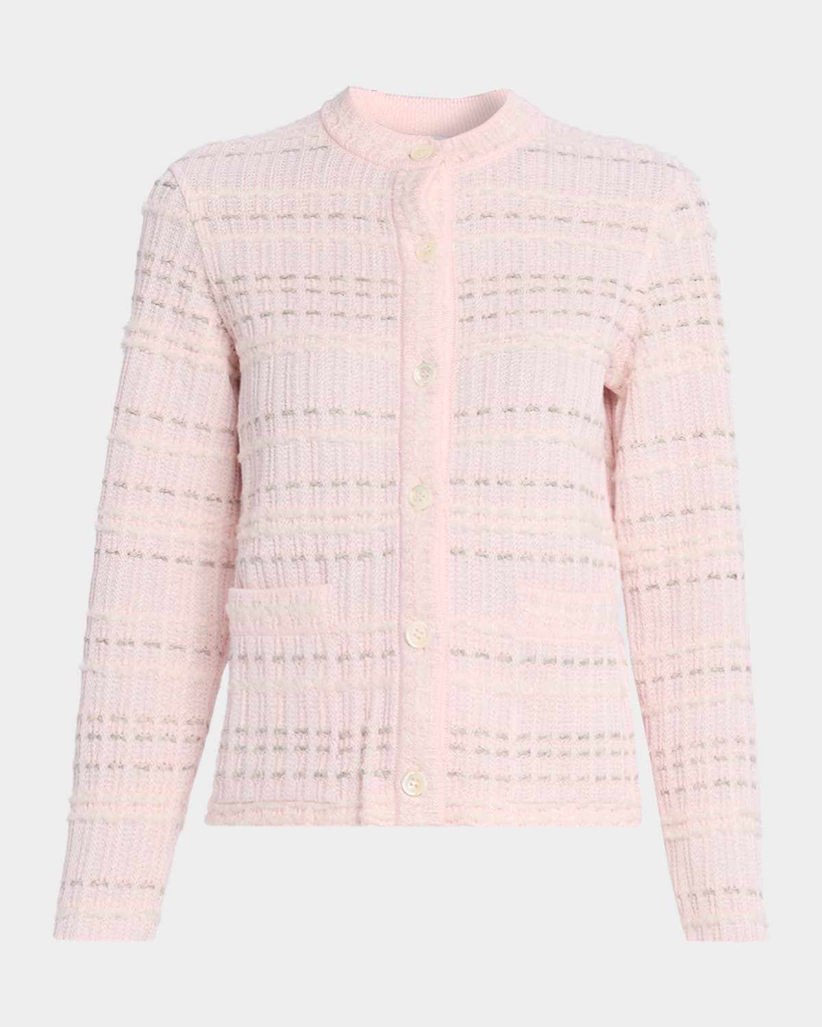 Thom Browne Seersucker Knit Crewneck Cardigan In Pink