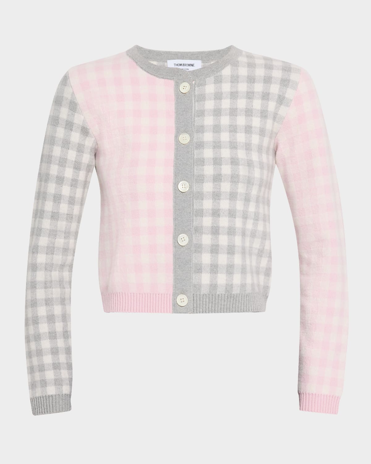Thom Browne Fun Mix Gingham Check Cropped Cardigan In Pink