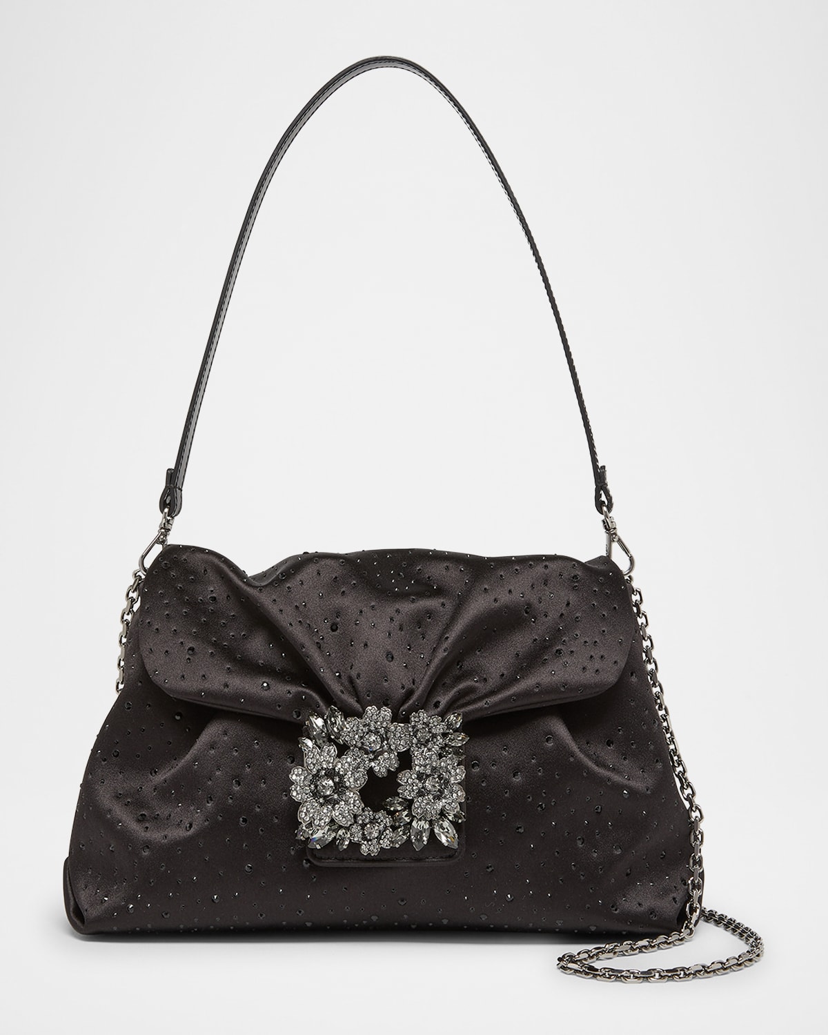 Roger Vivier Bouquet Rhinestone Satin Shoulder Bag In Black