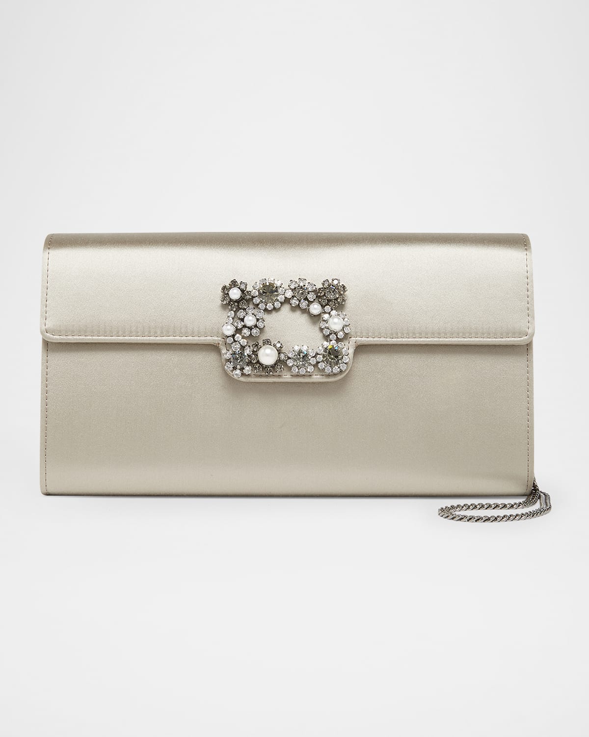 Roger Vivier Flower Buckle Satin Envelope Flap Bag In Gray