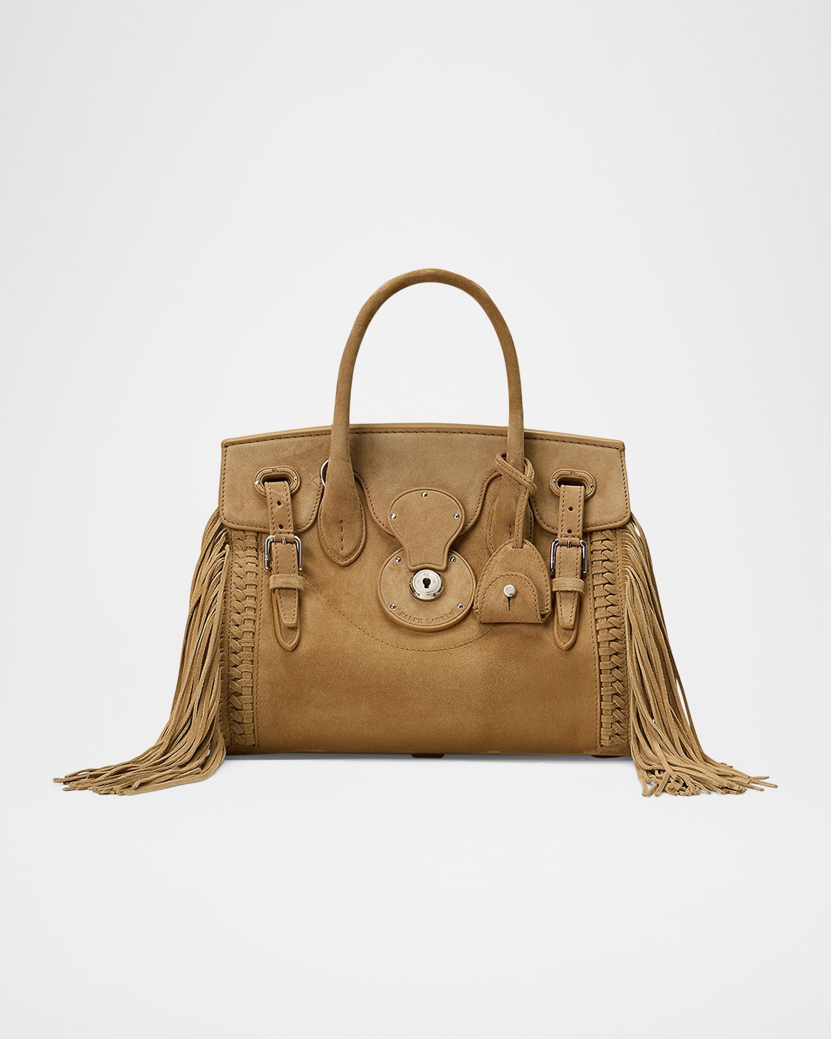 Ralph Lauren Soft Ricky 27 Fringe-trim Calf-suede Top-handle Bag In Brown
