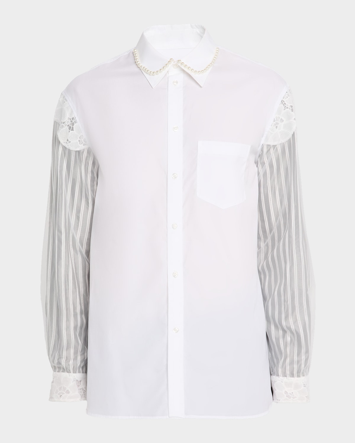 Simone Rocha Lace Trim Mixed Media Button-up Shirt In White
