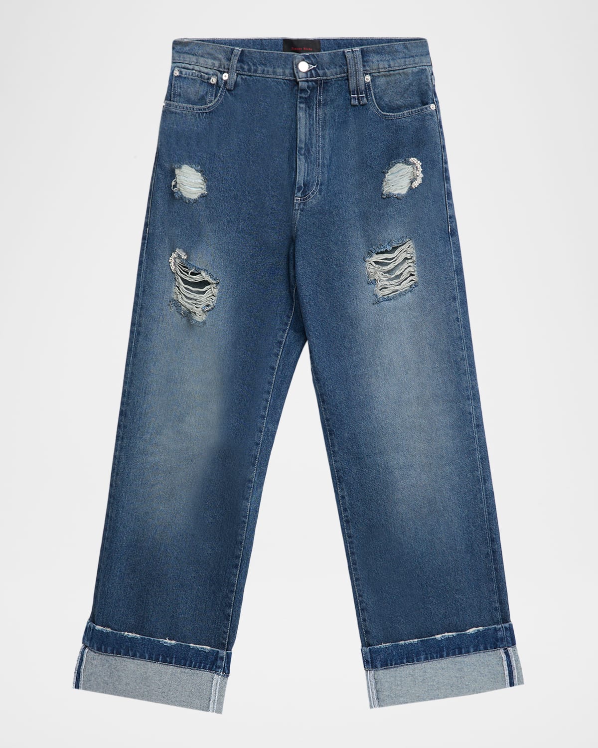 Simone Rocha Men's Distressed Straight Cuffed Jeans In Blue