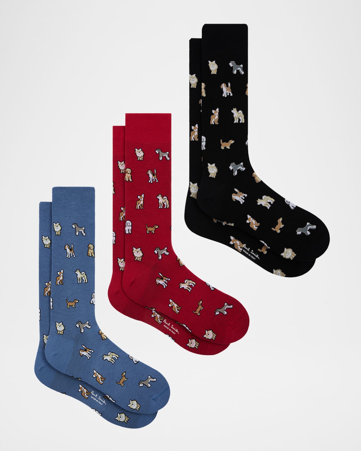 Paul Smith Men's Kyoto Allover Dog Print 3-pack Crew Socks In Black