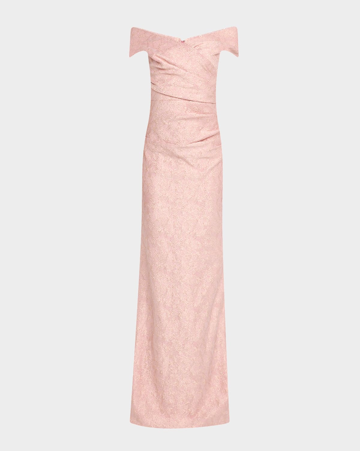 Rickie Freeman For Teri Jon Off-shoulder Metallic Jacquard Column Gown In Pink