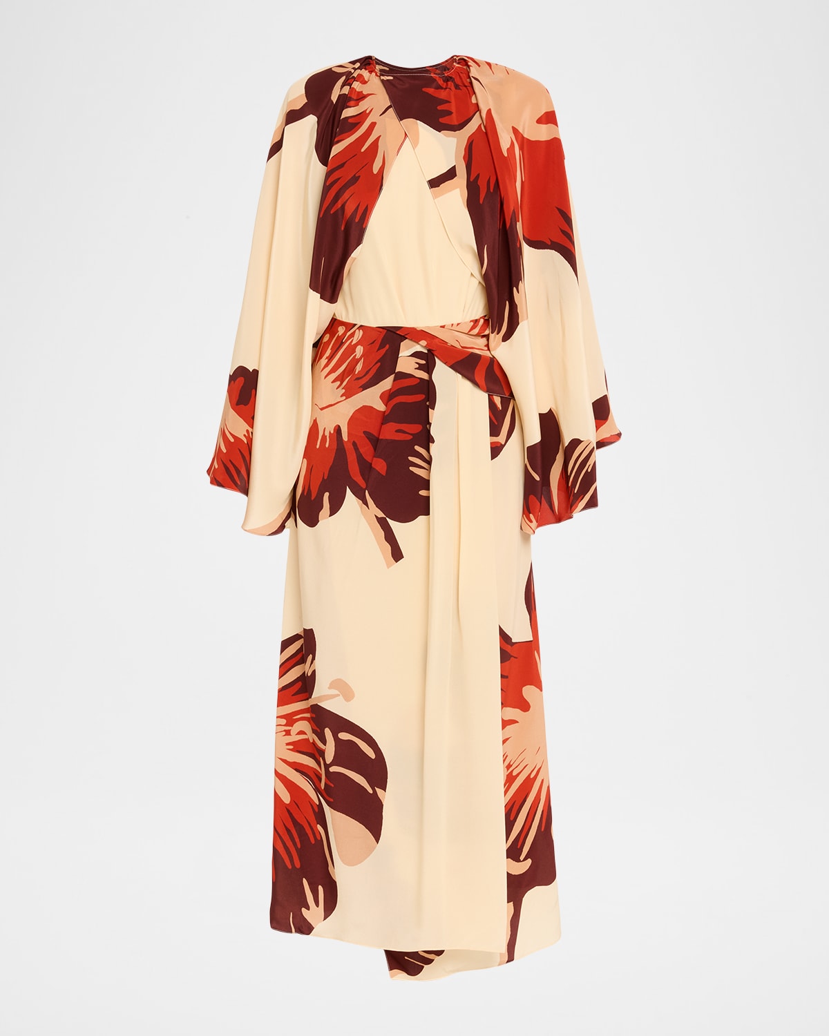 Johanna Ortiz Odyssey Floral Silk Draped Long-sleeve Ankle Dress In Neutral