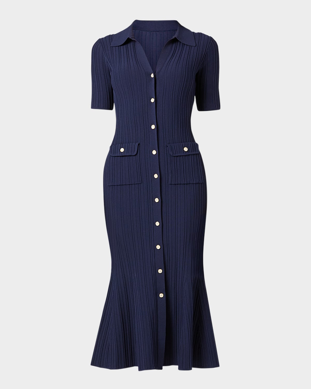 Shoshanna Tulip Rib Knit Button-down Midi Dress In Blue