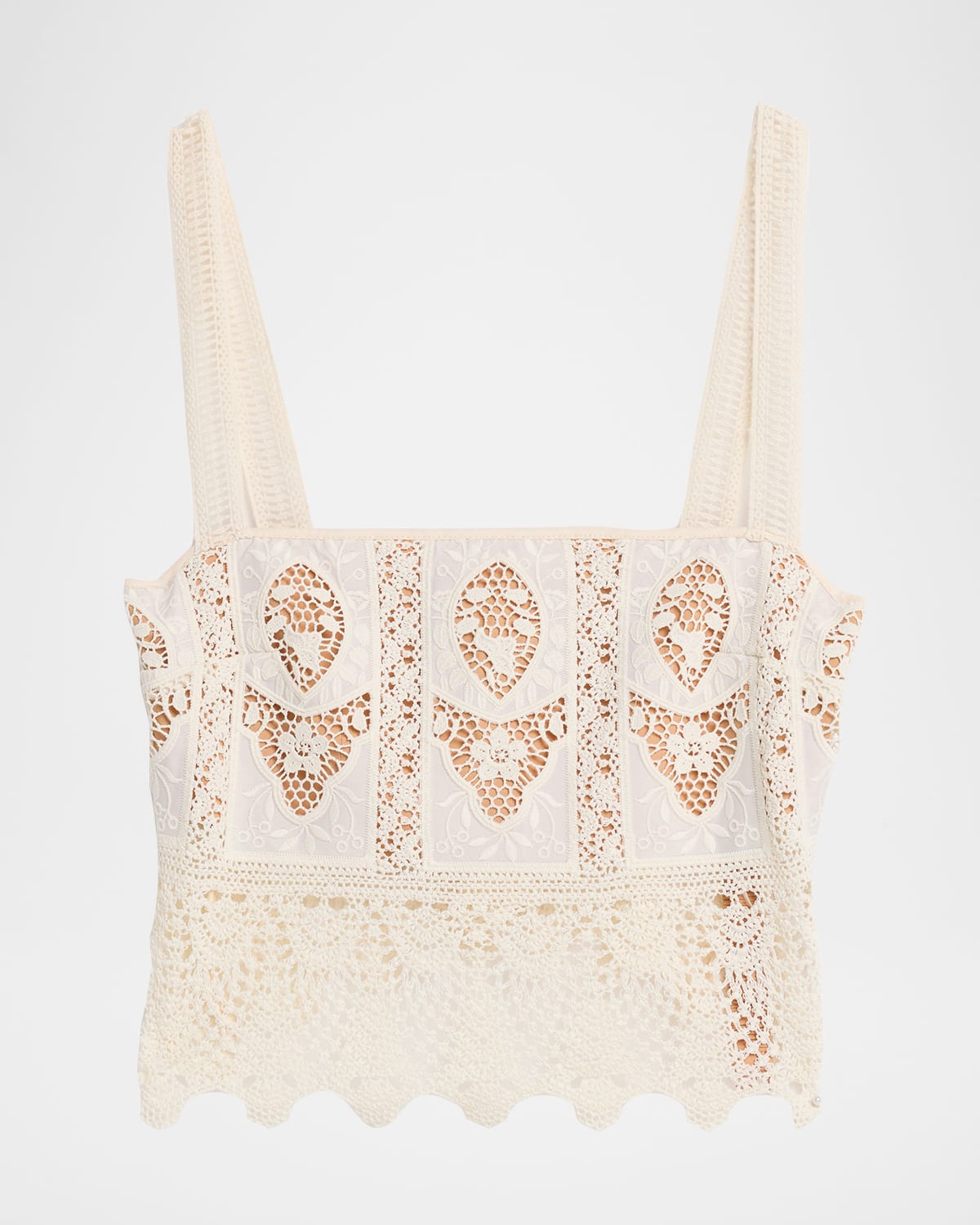Johanna Ortiz Casablanca Cropped Embroidered Voile And Crocheted Tank In White
