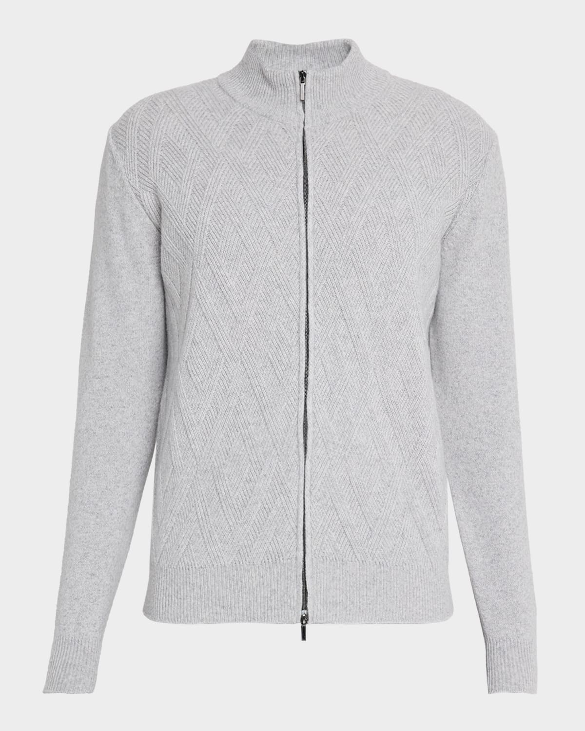 Men's Wool and Cashmere Diamond-Knit Full-Zip Sweater