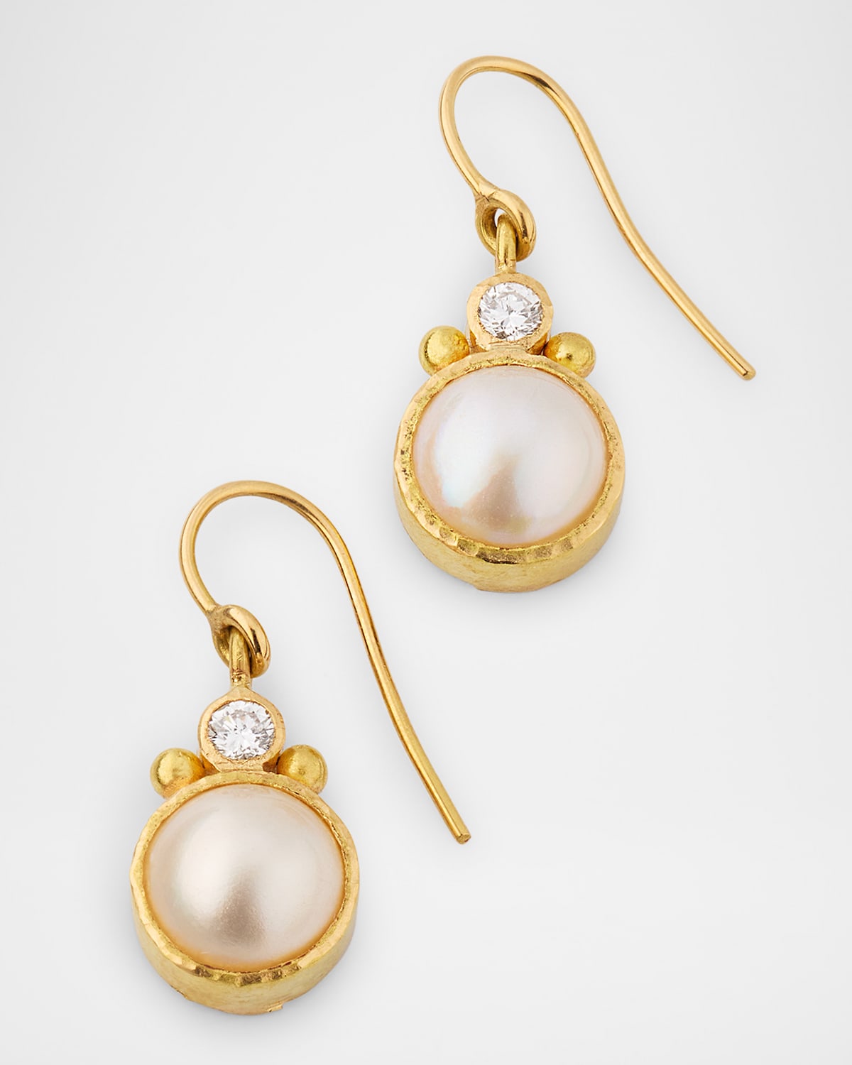 19K Yellow Gold White Mabe Pearl Earrings with Diamonds and Dots