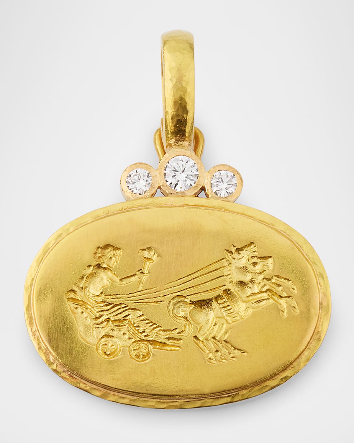 19K Yellow Gold Horizontal Oval Goddess with Chariot Pendant with Diamonds